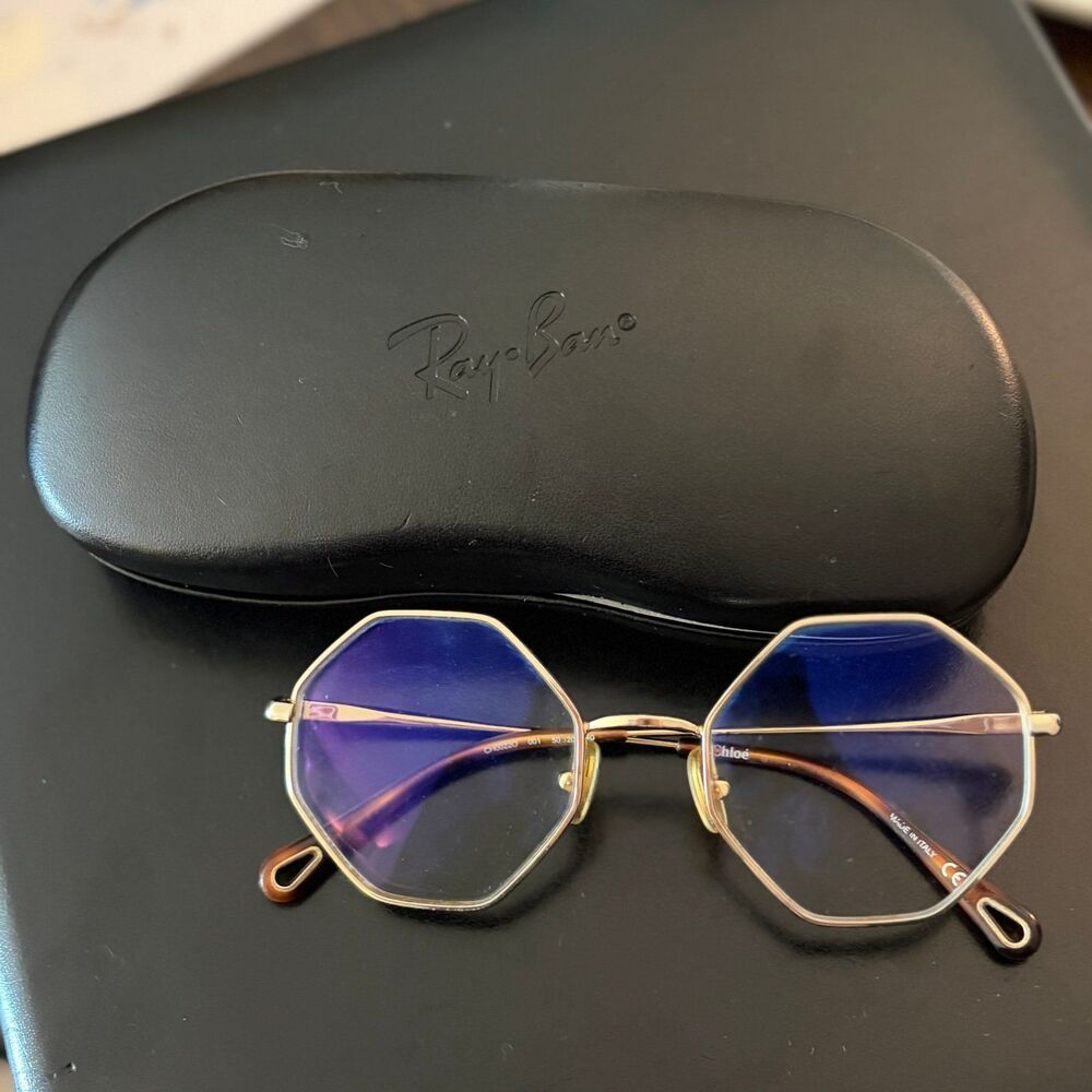 Chloé Octagonal Frame Eyeglasses | Gold | Blue Lens | CH0220 | w/ Ray-Ban Case